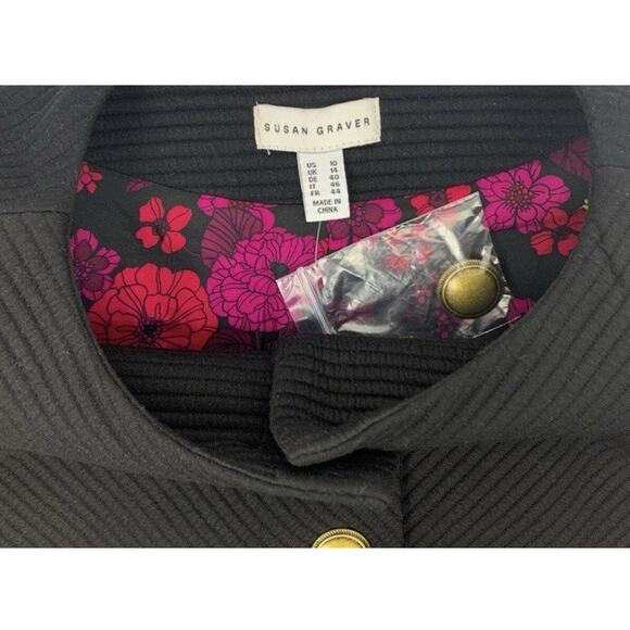 Susan Graver Jacket Black Rib Knit Jacquard Cuff Gold Button Front Womens 10 - Picture 3 of 9